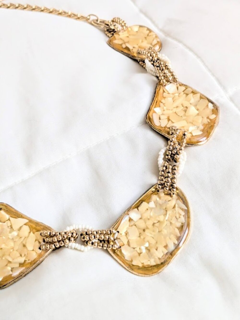 Chico's Mother Of Pearl Bib Necklace Gold Yellow Resin Chain White MOP